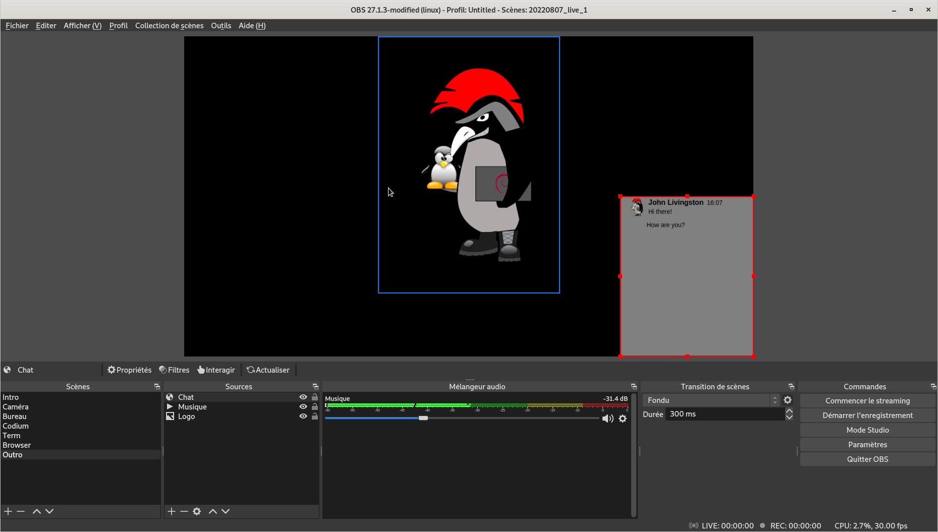 Screenshot softwaru OBS, kde byl chat přidán jako zdroj webového prohlížeče.